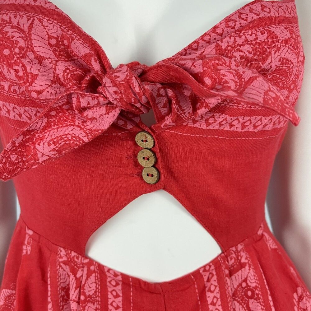Free People Linen Blend Wide Leg Jumpsuit 0 Red Paisley Cottage Boho Festival - Picture 4 of 15